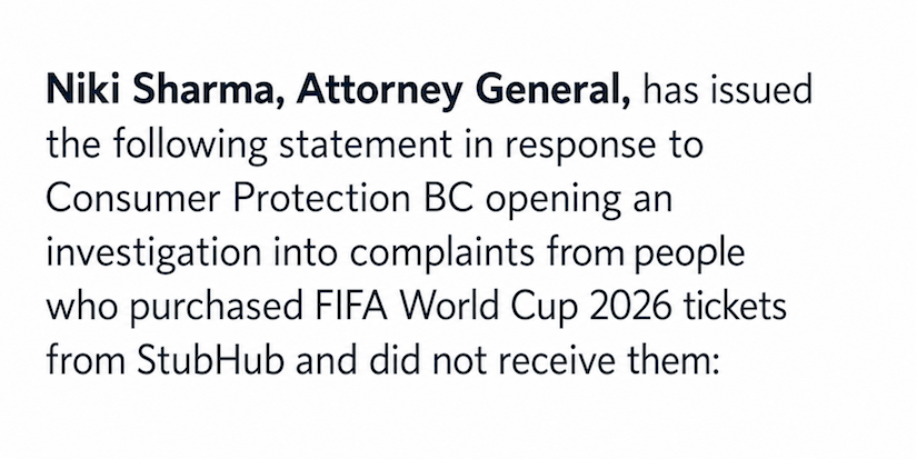 Attorney general’s statement on investigation into StubHub ticket complaints for the FIFA World Cup 2026